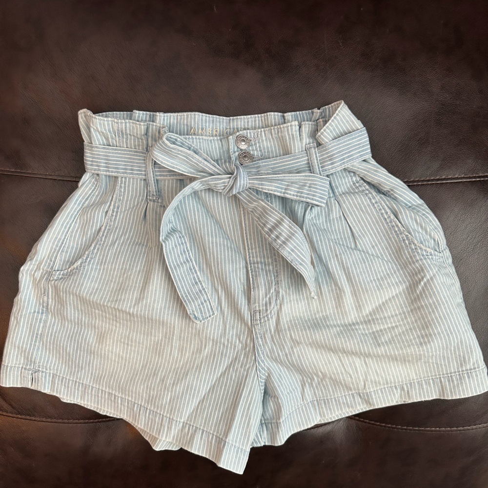 American Eagle Women’s Striped Paper Bag Shorts in Light Blue/White - 8
